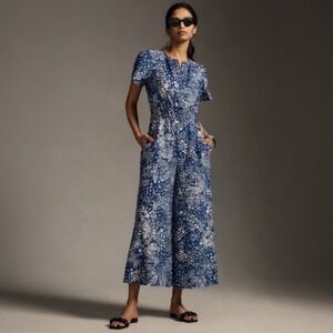 Anthropologie Somerset Jumpsuit Blue Paisley Floral Wide Leg Crop Womens Size M